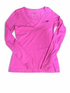 Hollister Women's Hot Pink V-Neck Long Sleeve Tee